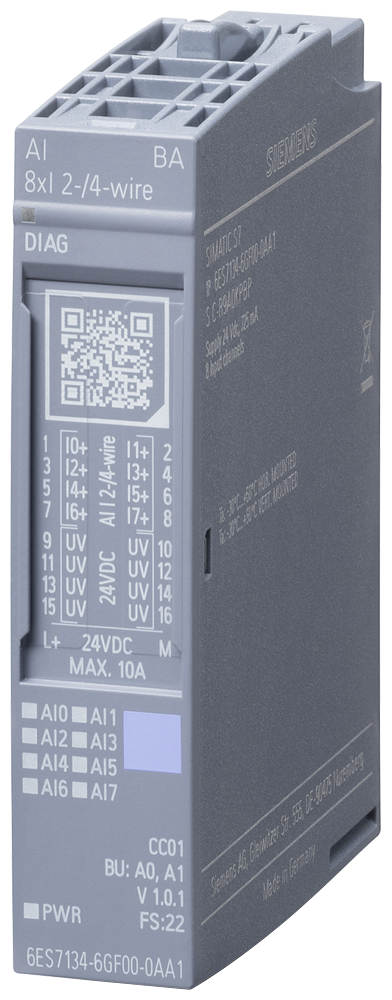 [6ES7134-6GF00-0AA1] Módulo de 8 AI. Para señales analógicas en mA. Permite la conexión de sensores de 2 ó 4 hilos. Requiere unidad base BU A0.  6ES7134-6GF00-0AA1 Siemens