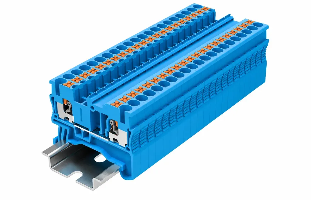 Bornera de paso 2 puntos de conexión azul 26-12AWG 24A con tecla de accionamiento SUPU