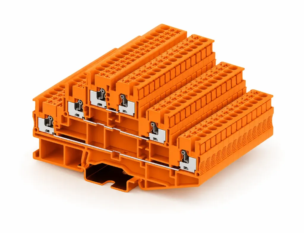 [TPT2.5-2-OG] Bornera de 3 pisos naranja 26-12 AWG 20A con tecla de accionamiento SUPU
