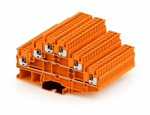 Bornera de 3 pisos naranja 26-12 AWG 20A con tecla de accionamiento SUPU