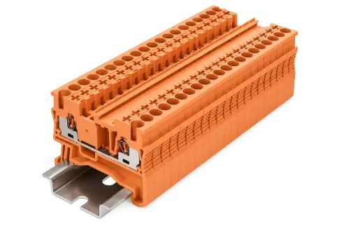 Bornera de paso 2 puntos de conexión naranja 26-12AWG 24A con tecla de accionamiento SUPU