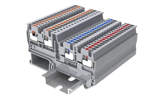 Bornera para sensor 3 hilos 26-14 AWG 14A con indicacion LED 24VDC entradas con colores con tecla de accionamiento SUPU